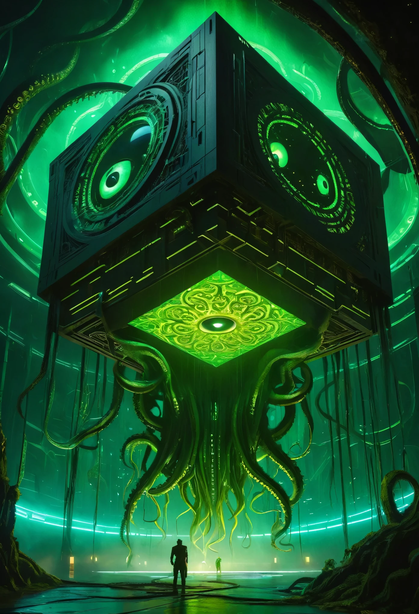 A gigantic floating cuboid structure with dark, twisting tentacles, radiating an intense green light from the circular patterns and eyes with illuminated symbols embedded in their faces. The scene has a dark and futuristic atmosphere., with a greenish-yellow lighting that envelops the entire space, full of geometric shapes and blocks suspended in the air. Two tiny, zombified figures appear to be wandering in front of this monstrous entity., highlighting its colossal scale. The atmosphere is oppressive and mysterious., as if the place were a prison or a temple of some cosmic deity. The style is a combination of science fiction and cosmic horror, with intricate details and a sense of alien grandeur.