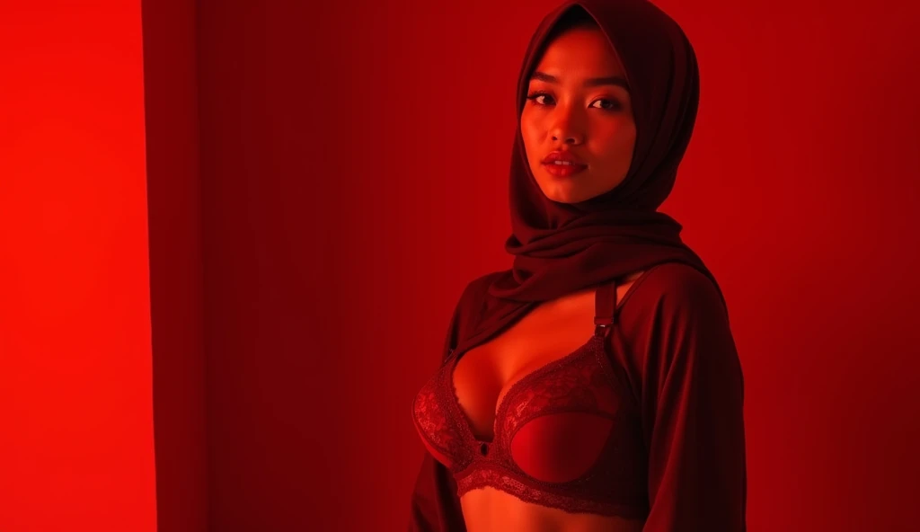 nude red lingerie hijab female, red background. Big tits. Beautiful Malaysian looks. Anal. Ass. Back. Big ass. Face look at camera.