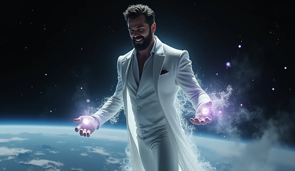 A cinematic medium shot of Henry Cavill with medium hair and beard as Pre-retcon Beyonder in the MCU. He is floating in black space with some stars far away and is facing towards to us while we can only see his side face where he gives a villainous laugh with a villainous facial expression. He has a non-muscular build and for his outfit The Beyonder wears tight white suit with a thunder neck cutting coat made of a white material that seems to shimmer and shift like the fabric of space itself. The robes are primarily deep white, with hints of starry constellations scattered across them. The edges of the robes glow faintly with a black or purple energy, as if the fabric is charged with cosmic power and around the Beyonder, several small, glowing orbs float in the air, constantly in motion These represent the Beyonder’s control over the fundamental forces of the universe and give a sense of their boundless power and the Beyonder's eyes glow with a piercing white light, and their entire form is surrounded by a faint, shimmering aura that pulses with energy. The aura occasionally crackles with energy, hinting at the raw power within.He wears no cape.Make Henry Cavill look more angry and psychotic and realistic.He is soaring over the earth since he is very large and having two planets in the palm of his hands.Robert Downey Jr as Doctor Doom is looking up to him as he is an entity and terrified looking at the Beyonder.