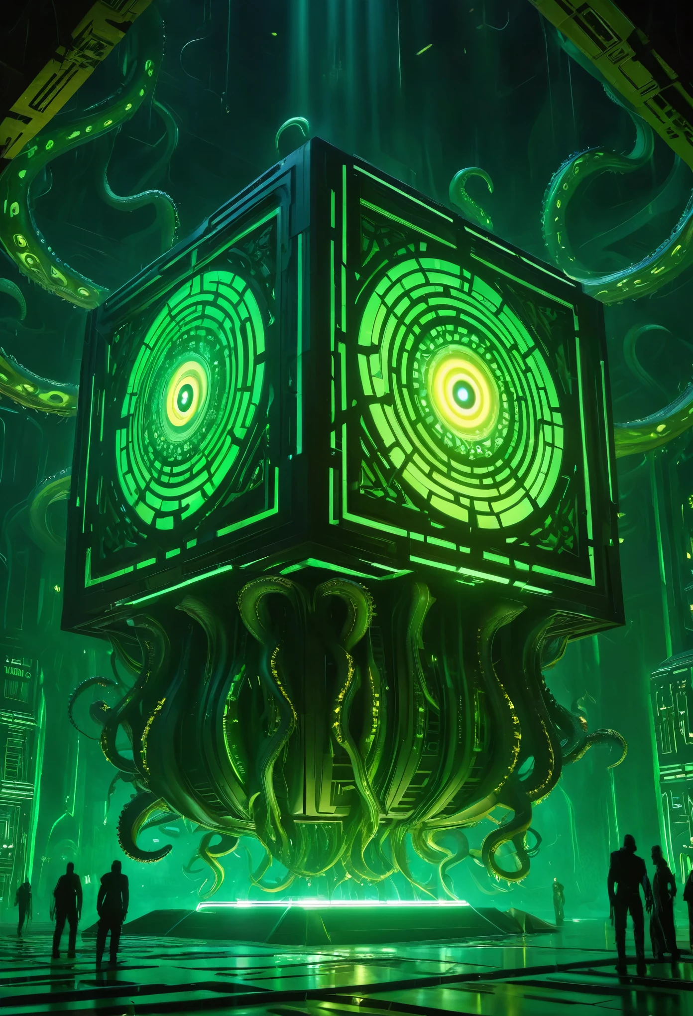 A gigantic floating cuboid structure with dark, twisting tentacles, radiating an intense green light from the circular patterns and eyes with illuminated symbols embedded in their faces. The scene has a dark and futuristic atmosphere., with a greenish-yellow lighting that envelops the entire space, full of geometric shapes and blocks suspended in the air. Two tiny, zombified figures appear to be wandering in front of this monstrous entity., highlighting its colossal scale. The atmosphere is oppressive and mysterious., as if the place were a prison or a temple of some cosmic deity. The style is a combination of science fiction and cosmic horror, with intricate details and a sense of alien grandeur.