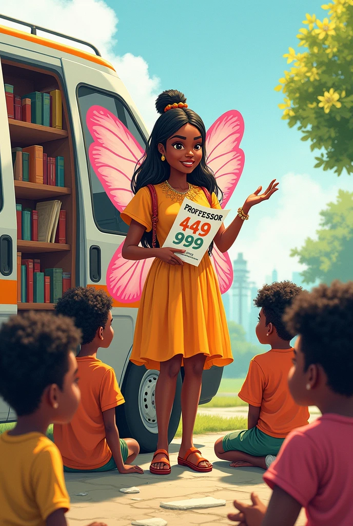 Drawing of a black teacher dressed as a fairy next to a van full of books inside, teaching his students in the form of a pamphlet for the election of councilor with the number 44.999 and the name written Professor Meire from KombiTeca