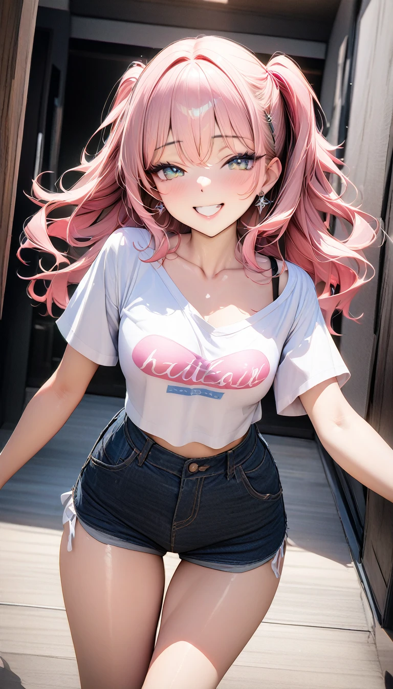 ((最high quality, 8k, masterpiece)), High resolution、(high quality: 1.5)、Very detailed、Detailed face、Bright colors、Natural light、Fine grain、Colorful eyes、Beautiful Face、Highly detailed face texture of a woman,masterpiece, 最high quality, Detailed and beautiful eyes,最high quality、Best image quality、masterpiece,girl,smile,From below,grin,(Brat),Pink Hair,Cute clothes,Printed shirt,Shorts,Just beautiful,masterpiece,(laugh at),最high quality、so beautiful,High resolution,1girl, solo,(masterpiece:1.2)、(最high quality:1.2)、Latest Glossy Skin