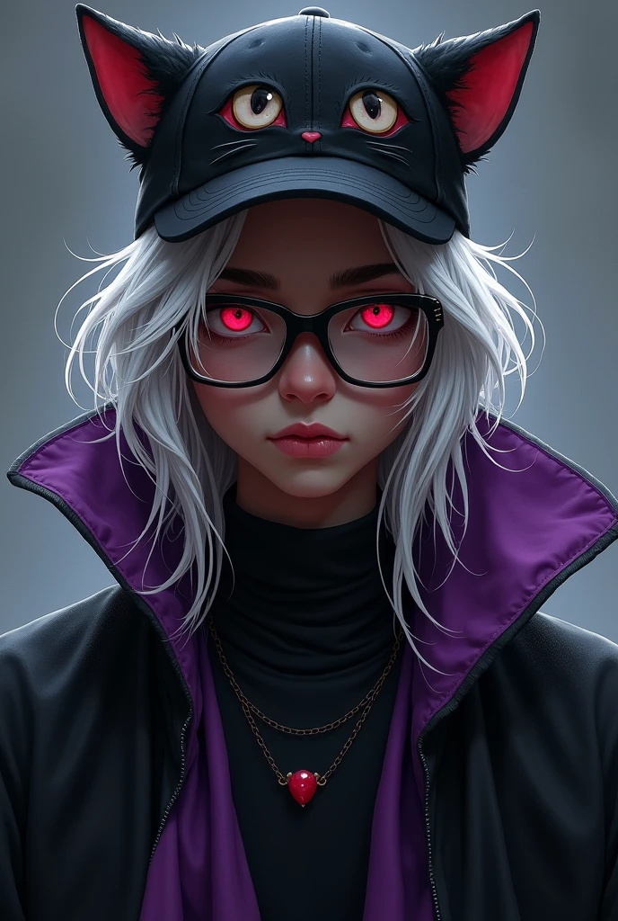A young man with a black skin tone, long hair with white color, that has a pompom with a ponytail, dark red eyes. Wears prescription glasses and a black cap with a cat face. He wears a closed cape with one black stripe and the other purple..