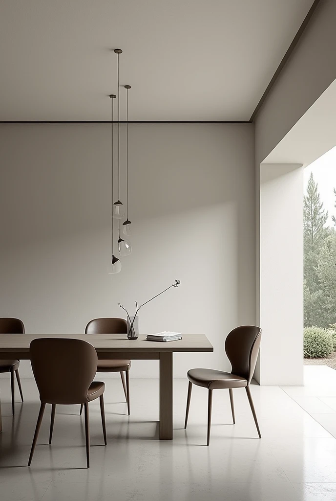 A dining room in a totally minimalist house, modern but without much personality 


