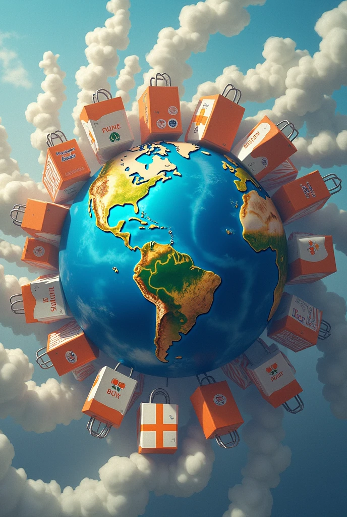 Draw planet earth surrounded by shopping bags