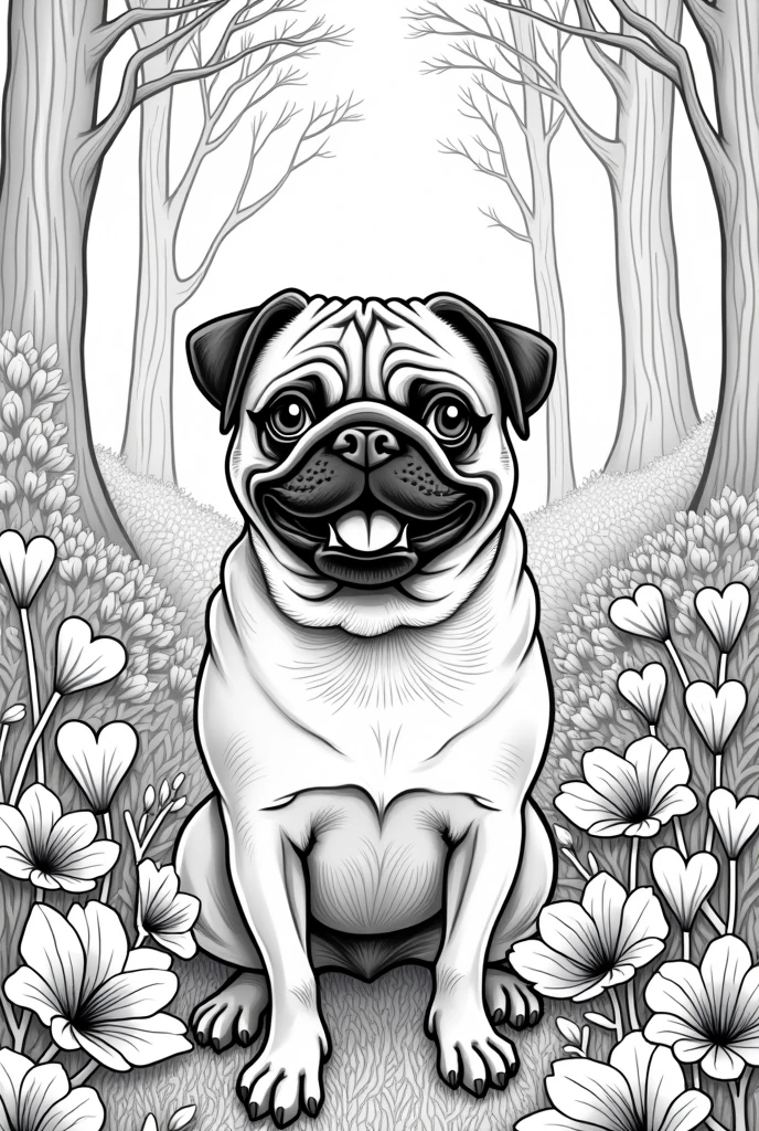 a happy realistic pug with lots of black and white heart flowers in a forest , Mandela background ,Sketch Style, line art coloring book, clean line art with lots of details abstract 