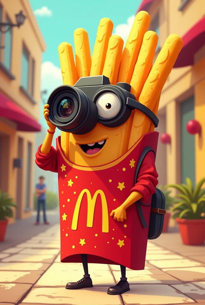 an animated French fry disguised as a vectorized paparazzi
