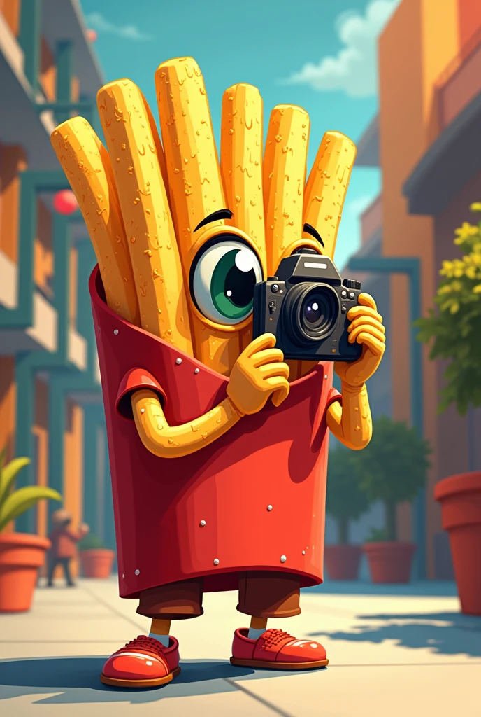 an animated French fry disguised as a vectorized paparazzi