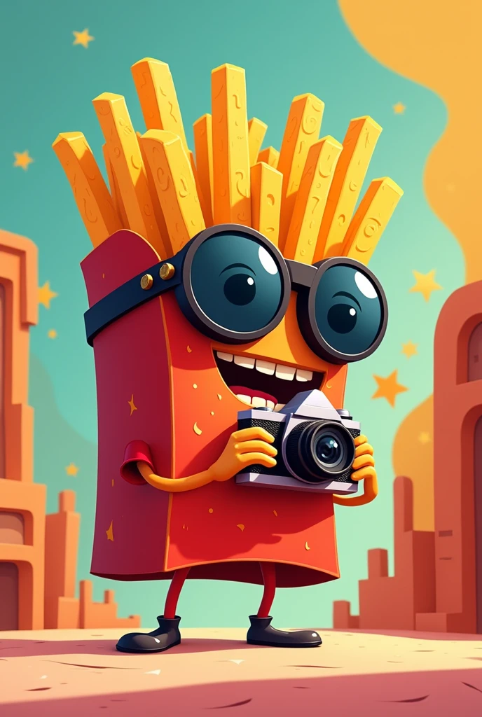 an animated French fry disguised as a vectorized paparazzi