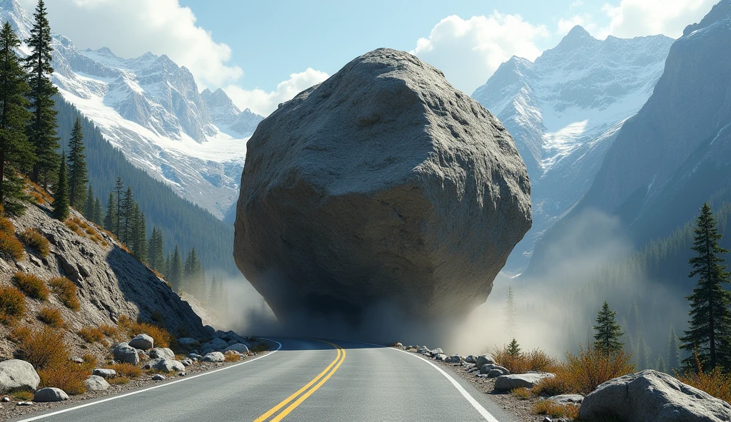 The stone came rolling down the mountain and onto the road