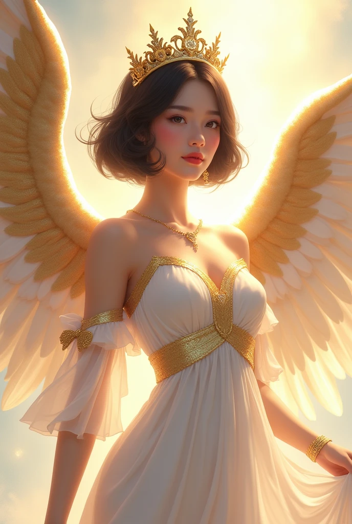 A fanart woman with an angelic face, with a queen's crown on her head, short black hair and gold wings, white dress with gold.