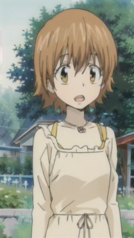 kyoko1, 1girl, short hair, brown hair, waring a polka dot dress, brown eyes, Masterpece, looking at the views, Masterpece, ((masterpiece: 1.2)), smling, open mouth, garden, outdoors, head band, standing,