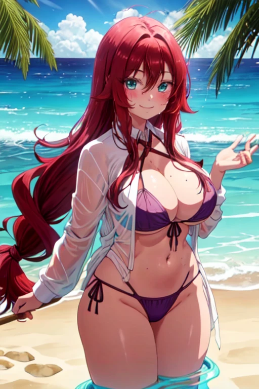 1 girl, alone, yakuzen kusuri, young, adolescent, 1, long hair, wavy hair, dark reddish hair, Horse tail, locks with two divisions in the head, locks on both sides of the face, turquoise eyes, good hands, good anatomy, embarrassed, seductive, smiling, Closed mouth, to throw (from below), masterpiece, Best Quality, 1 girl, Alone, bikini, dark reddish bra, Dark reddish thread thong, White shirt, Wet shirt , Open shirt, crossed legs, Session, Session on the sand, playa, Mar, long_hair, Closed mouth, huge breasts, medium belt, medium hips, wide thighs, looking at his in a bikini, smile (wet clothes, transparent : 1.2 ), (White shirt), Wet, Closed mouth, They smile,