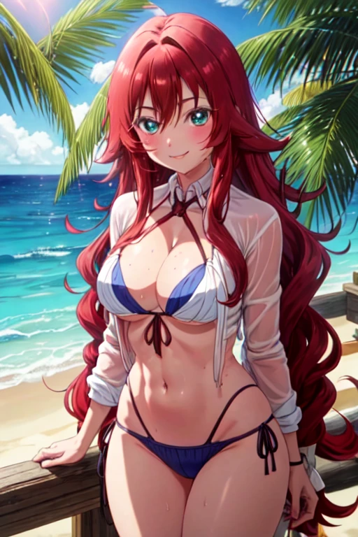 1 girl, alone, yakuzen kusuri, young, adolescent, 1, long hair, wavy hair, dark reddish hair, Horse tail, locks with two divisions in the head, locks on both sides of the face, turquoise eyes, good hands, good anatomy, embarrassed, seductive, smiling, Closed mouth, to throw (from below), masterpiece, Best Quality, 1 girl, Alone, bikini, dark reddish bra, Dark reddish thread thong, White shirt, Wet shirt , Open shirt, crossed legs, Session, Session on the sand, playa, Mar, long_hair, Closed mouth, huge breasts, medium belt, medium hips, wide thighs, looking at his in a bikini, smile (wet clothes, transparent : 1.2 ), (White shirt), Wet, Closed mouth, They smile,