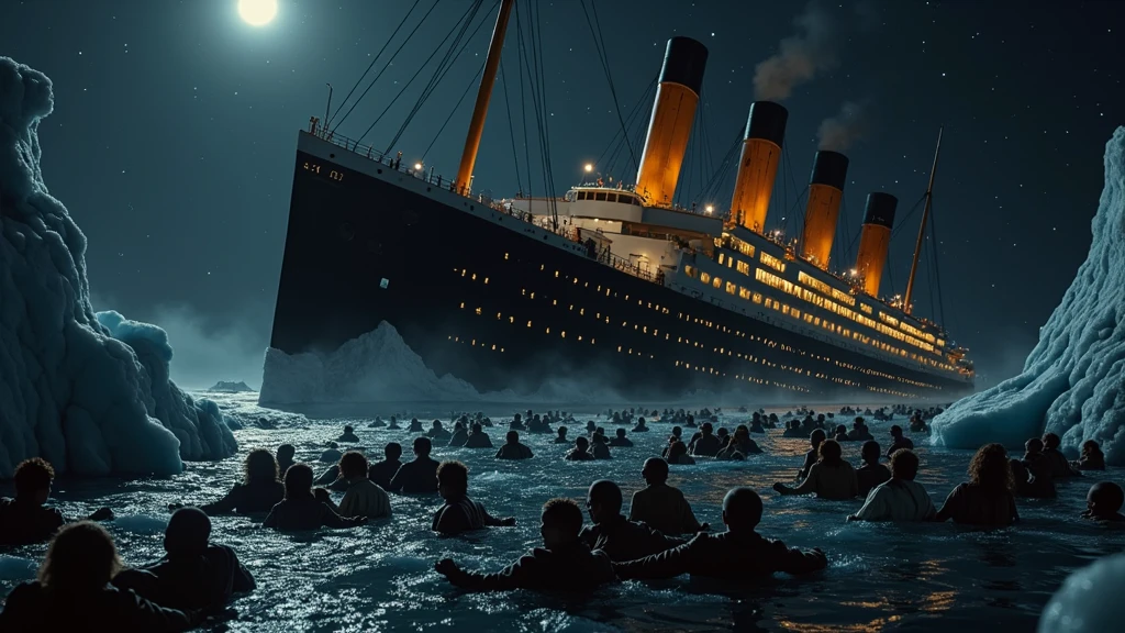 A captivating, dramatic and intense cinematic scene that represents the sinking of a large ocean liner, the Titanic, in icy waters with pieces of isiberg under a dark, starry night sky. The ship is shown at a steep angle, with the stern raised and the bow submerged, emitting smoke from the funnels. In the foreground, countless people are seen submerged in freezing water, clinging to the rubble floating in the dense sea and holding onto each other. The individuals wear 1914 London clothing and have varying facial features and skin tones, with expressions of fear and despair. A huge iceberg looms in the background, emphasizing the catastrophic event. The overall color palette is dark and cool, with deep blues and blacks dominating the scene, in contrast to the warm, bright lights of the ship.6+boys, boat, military, mountain, multiple boys, night, night sky, ocean, outdoors, scenery, ship, sky, star \(sky\), starry sky, water, watercraft