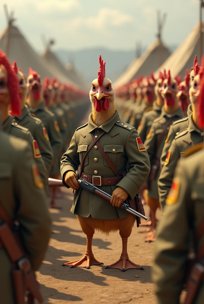 Chicken soldier disguise as duck soldier in a crowd of duck soldier