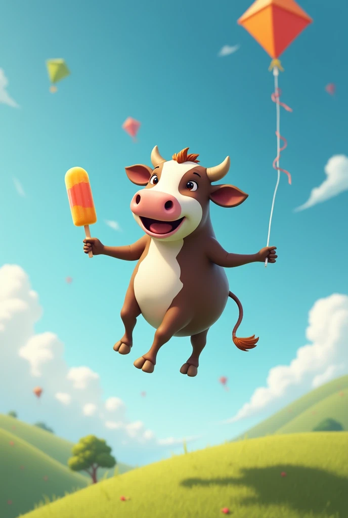 Cow flying kite and eating popsicle