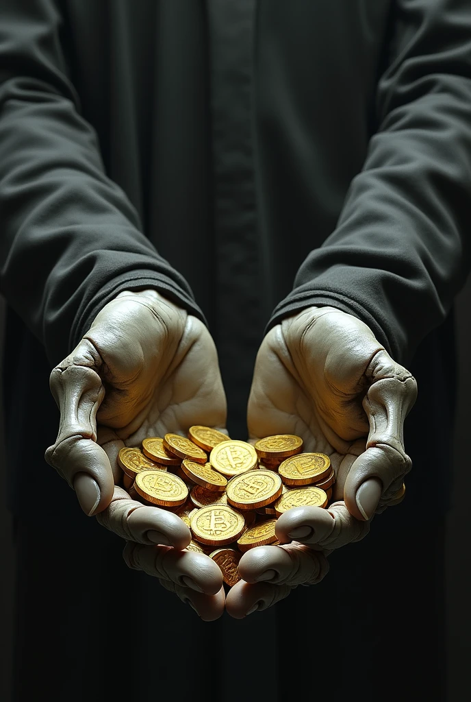 Two hands of bones (skullish) stretched out holding several coins in their hands representing abundance