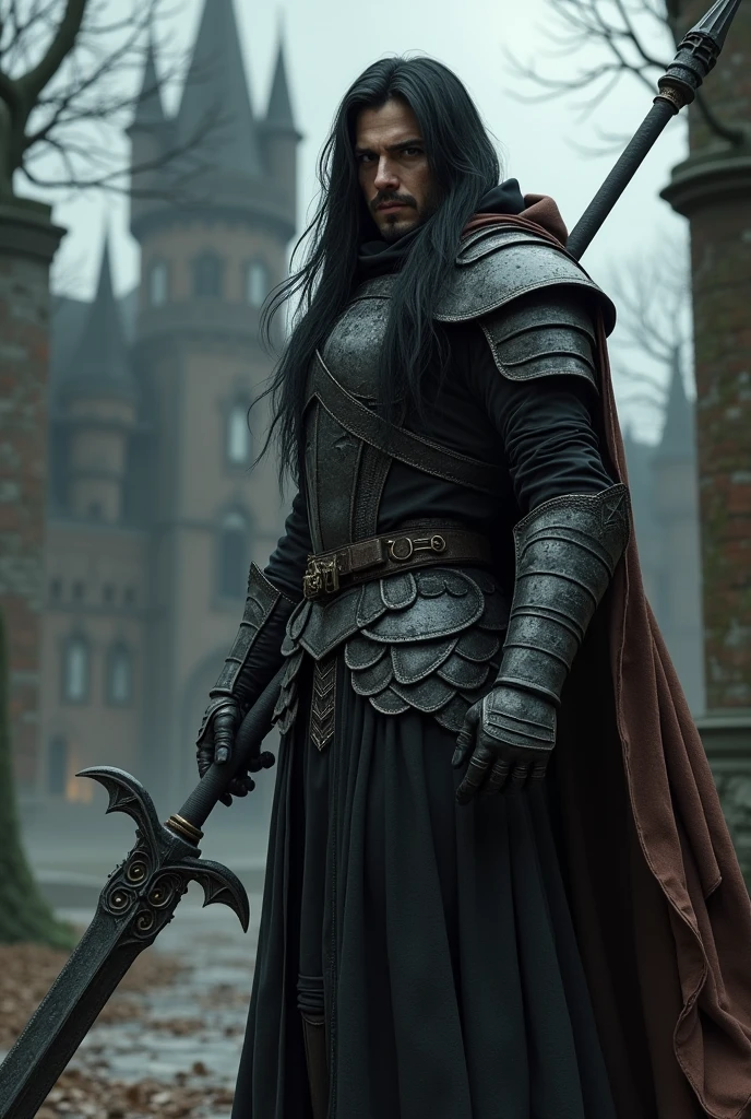 Generate a male who looks like Ronnie Radke. He has long black hair. He wears black and grey armor with a long brown cloak and hood. He holds a lance with a wide blade. Dark castle in background. Dark fantasy style. Realistic digital drawn image.