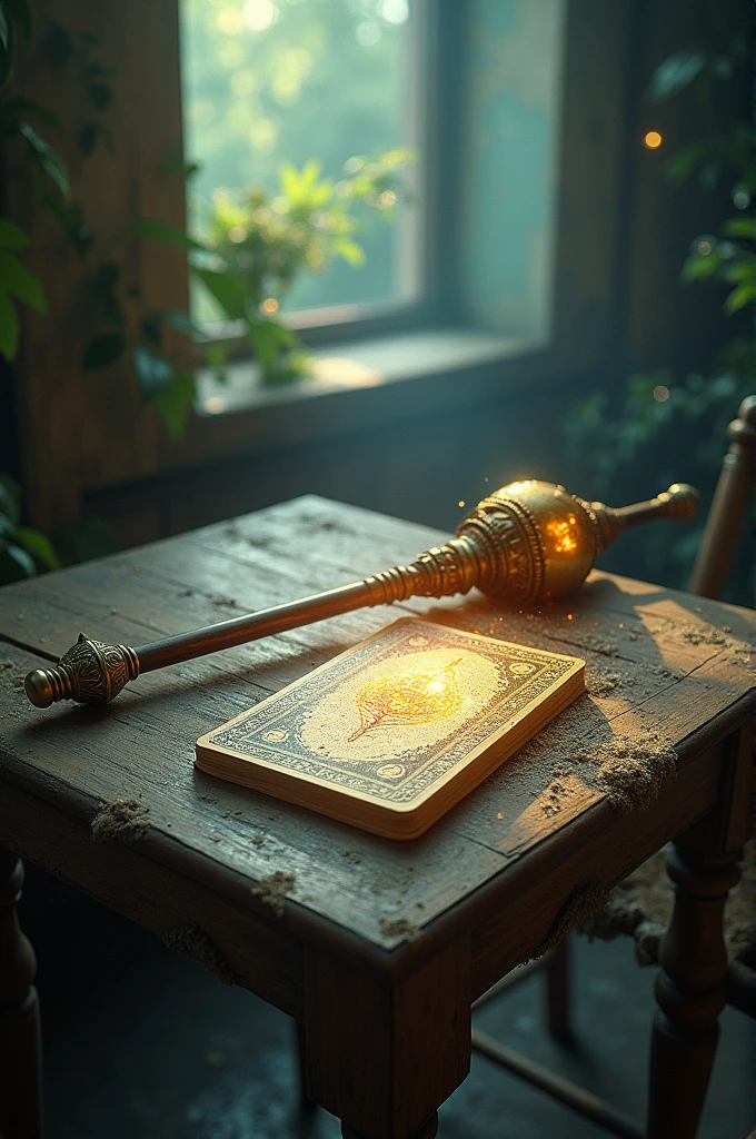Surrealist and fantastic art. Dreamlike. Placed on a wooden table a magic scepter and some magic cards. Sparkling. Flicker. 