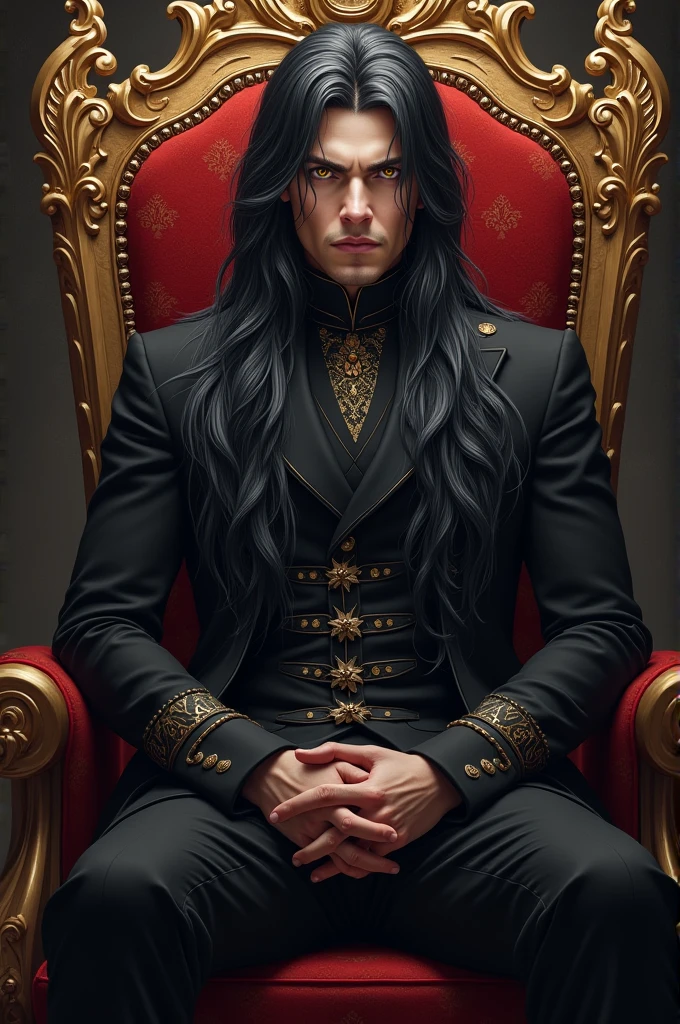 Long hair color: black with silver streaks, eye color: golden, men sitting in throne. Dashing look.