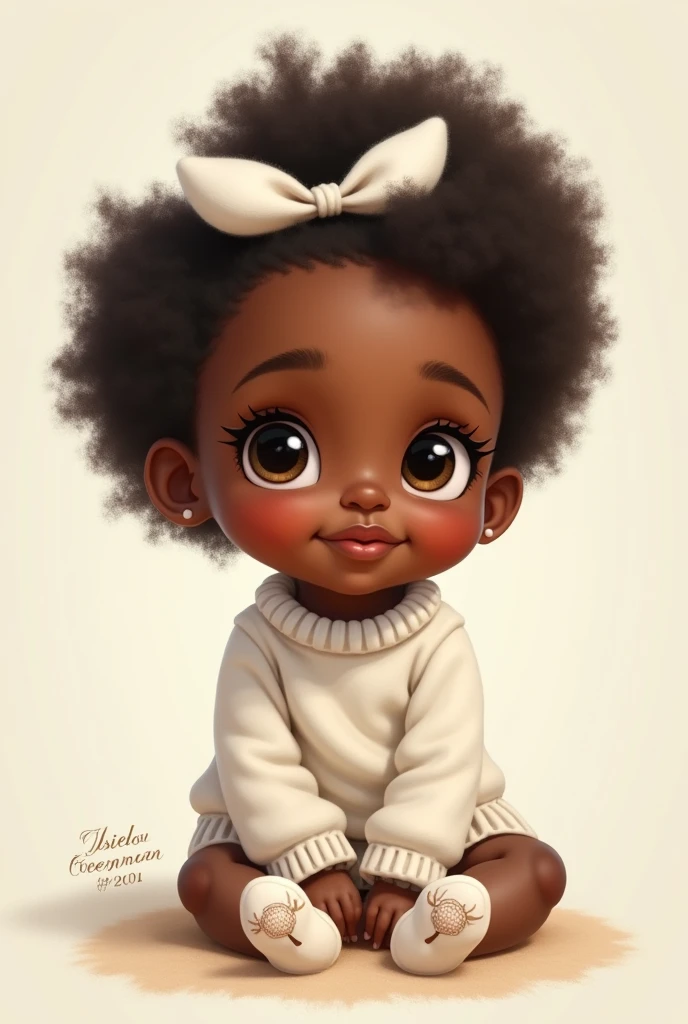 Black-skinned child, at , wearing white sweater, without shoes, with embroidered white socks, white bow on the head, with Disney Face