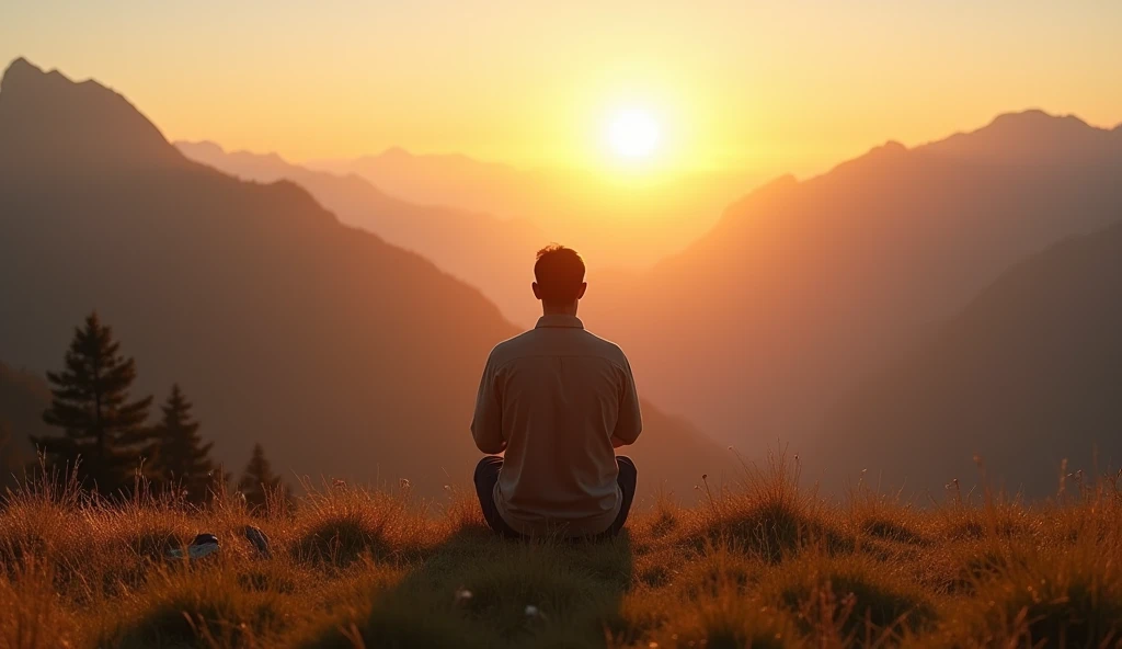 Create a serene and inspiring scene during sunrise in a mountainous landscape. In the center of the image, there is a man kneeling in prayer, facing away from the viewer, towards the radiant sun rising over the horizon. He is positioned on a grassy hilltop, and the warm, golden light of dawn bathes the scene, highlighting the contours of the mountains in the background. The man, dressed in simple, casual clothing, appears deeply engrossed in his prayer, reflecting peace and devotion.