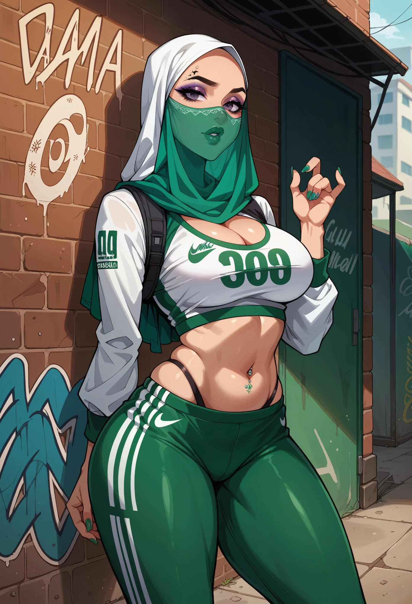 1 girl, silk hijab, face veil, wearing a dark green soccer jersey with an open cleavage, tight short, a white nike sneaker, polished nails,vibrant glossy pucked lips, makeup, tattoos, belly piercing, standing in front of a graffiti wall, ground traced as a small soccer field made with concrete, urban style, big natural breasts, curvy hips, big rounded ass, she winks to the viewer