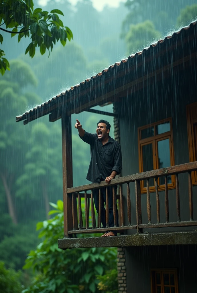 create cinematic, photo realistic film poster of a man shouting downwards from the balcony of his first floor bungalow, finger pointing, heavy rain, monsoon, outskirts of Darjeeling,