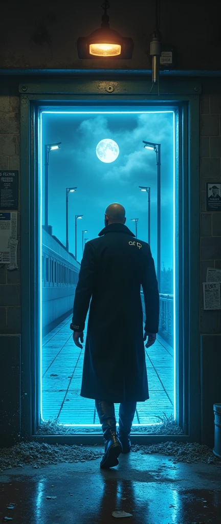 there is a man in an overcoat getting on the train, he is entering an interdimensional portal, he wears high boots, your hand holds the door railing, your coat is written "ARP" on the shoulder, he wears his hair shaved, o portal tem bordas de energy azul, he is at a train station, the portal leads to a tiled room, noir style and investigation, he looks back over his shoulder, he has a blue light technology watch, sparks, sparks, energy, neon lamps, dirty station and flying newspapers, motion-blur, waning moon, cloudy night, light posts, abandoned modern train