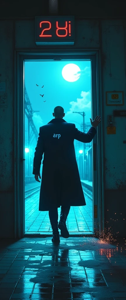 there is a man in an overcoat getting on the train, he is entering an interdimensional portal, he wears high boots, your hand holds the door railing, your coat is written "ARP" on the shoulder, he wears his hair shaved, o portal tem bordas de energy azul, he is at a train station, the portal leads to a tiled room, noir style and investigation, he looks back over his shoulder, he has a blue light technology watch, sparks, sparks, energy, neon lamps, dirty station and flying newspapers, motion-blur, waning moon, cloudy night, light posts, abandoned modern train