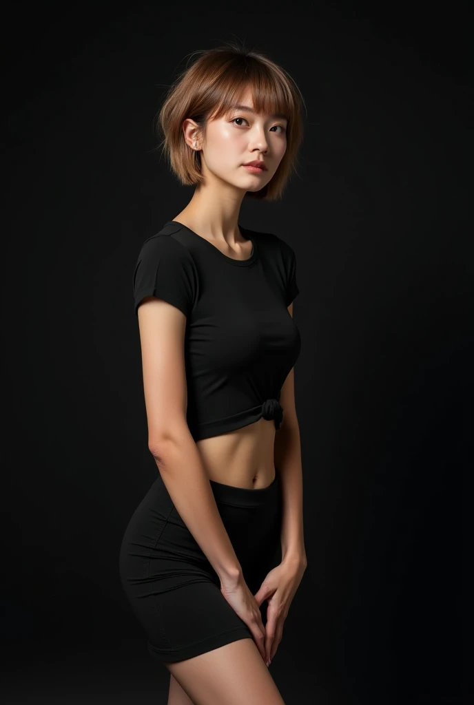 Top image quality、Raw photography、超A high resolution、An 1 woman、Shooting for one person only、modelshoot、big round chest、cleavage of the breast、tshirts、Wearing a black skirt、Beautiful Eyes of Details、very elongated eyes、Beautiful eyelashes、Beautiful double eyelids、Black walls、very slender legs、Shorthair with light brown hair、very slender physique、Very small buttocks