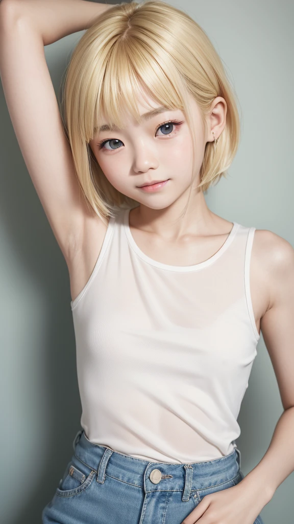 realstic,8kcg,highres,Create a photo of a korean Asian teenager,beautiful girl, ((blonde hair)),yo,narrow eyes:1.5,slimface,armpits,whitetnaktop,nounderarmhair,littleageface,slimface,petiet:1.5,afewsmile,