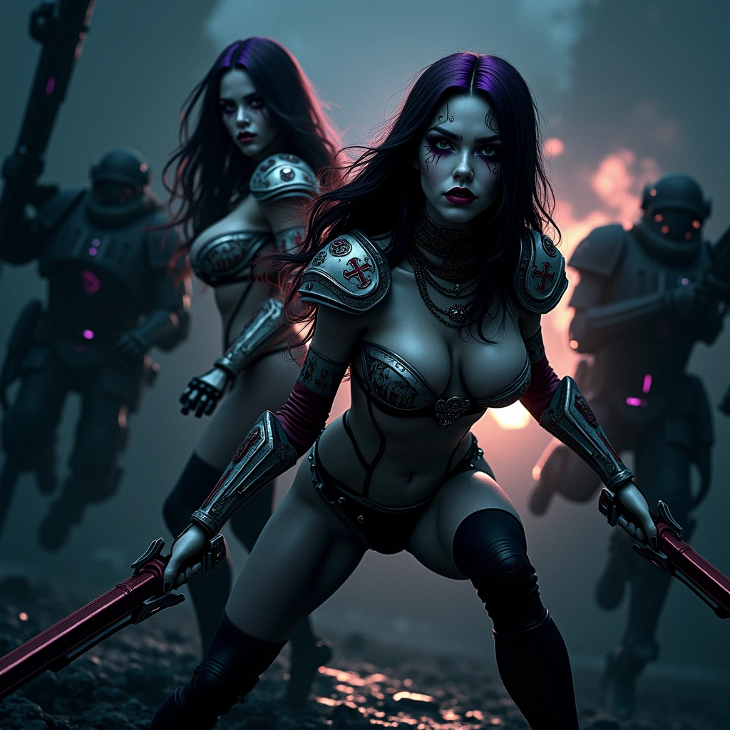 Masterpiece, Best Quality, Official Art, (Highly Detailed CG Unity 8k wallpaper), Detailed background, (Hands by Guido Daniele: 1.1). Full body pose sexy sisters of battle from the warhammer 40k, shooting at the enemy, white armor with intricate details, red armor with intricate details, religous symbols on the armor, sisters of battle, warhammer 40k, Massive silicone breast, pale skin, seductive, temptation, eat your soul, clevage, long flowing black hair with purple highlights, heavy gothic makeup, at night, neon, beautiful detailed eyes, beautiful detailed lips, extremely detailed eyes and face, long eyelashes, highly detailed armor, intricate futuristic weaponry, dramatic lighting, cinematic composition, muted color palette, gritty and realistic, mecha, science fiction, hyper-detailed, photorealistic, award winning digital art, 8k, HDR, masters work, in the middle of a battle field, full body combat action pose, explosions and fire around, full war, stunning, Stilleto heels, high heels, full body pose, cinematic, movie trailer, final stand!, nemesis, ready to strike, dust and debree, combat screams, attacking, shooting at the enemy, running forward, last line of defense, charging, fanatic, religious, templar knights, sisters of battle, warhammer 40k