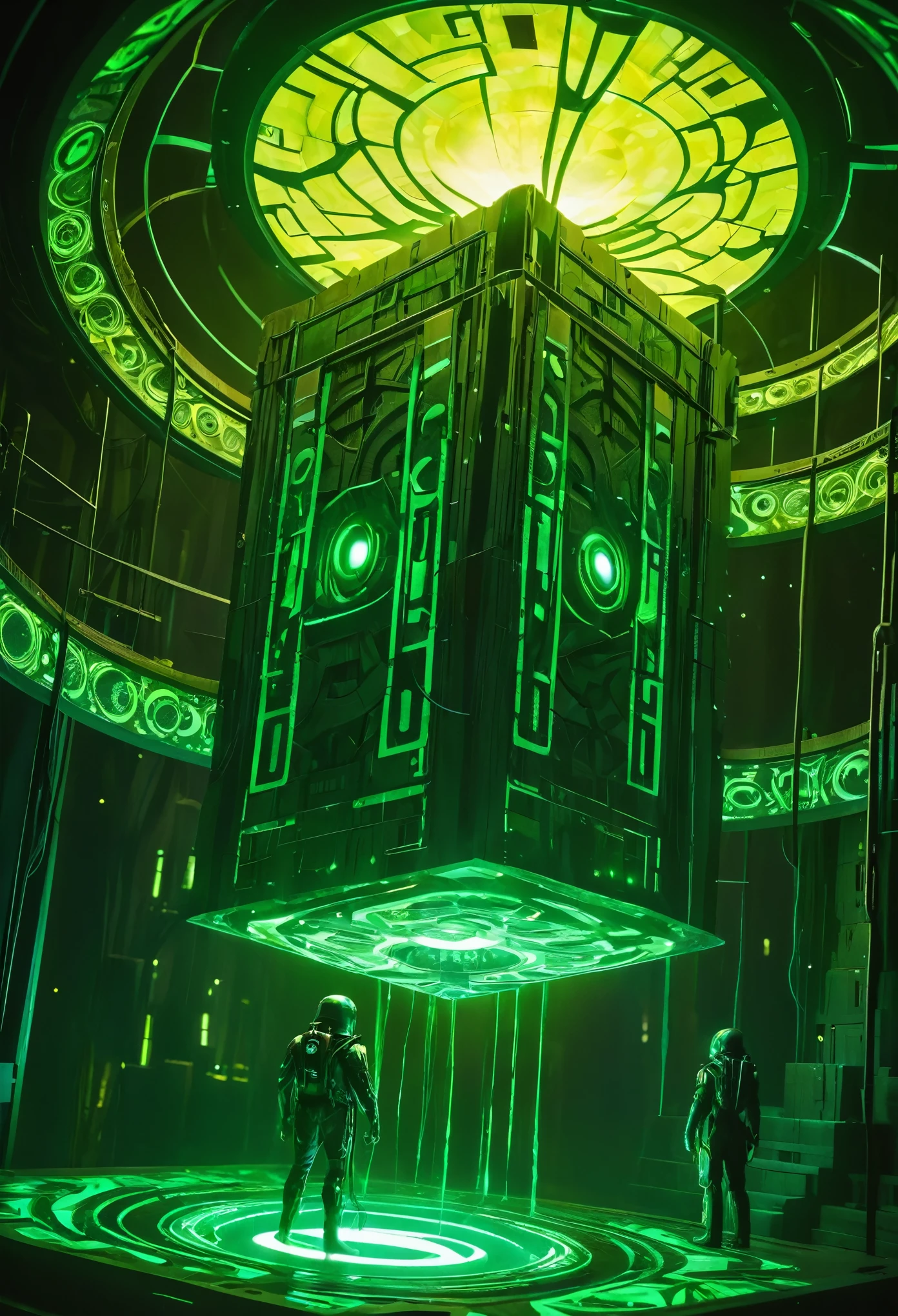 A gigantic floating cuboid structure with dark, twisting tentacles, radiating an intense green light from the circular patterns and eyes with illuminated symbols embedded in their faces. The scene has a dark and futuristic atmosphere., with a greenish-yellow lighting that envelops the entire space, full of geometric shapes and blocks suspended in the air. Two tiny, zombified figures appear to be wandering in front of this monstrous entity., highlighting its colossal scale. The atmosphere is oppressive and mysterious., as if the place were a prison or a temple of some cosmic deity. The style is a combination of science fiction and cosmic horror, with intricate details and a sense of alien grandeur.