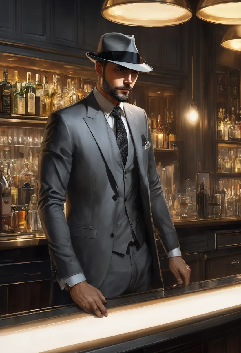 (good quality), (many details), (masterpiece), style of Charlie Bowater, man in a suit(gray) behind a counter in a bar, wearing a fedora and an expensive wristwatch, modern, at night, blond short hair, three-day beard, scar on the back of the hand, 