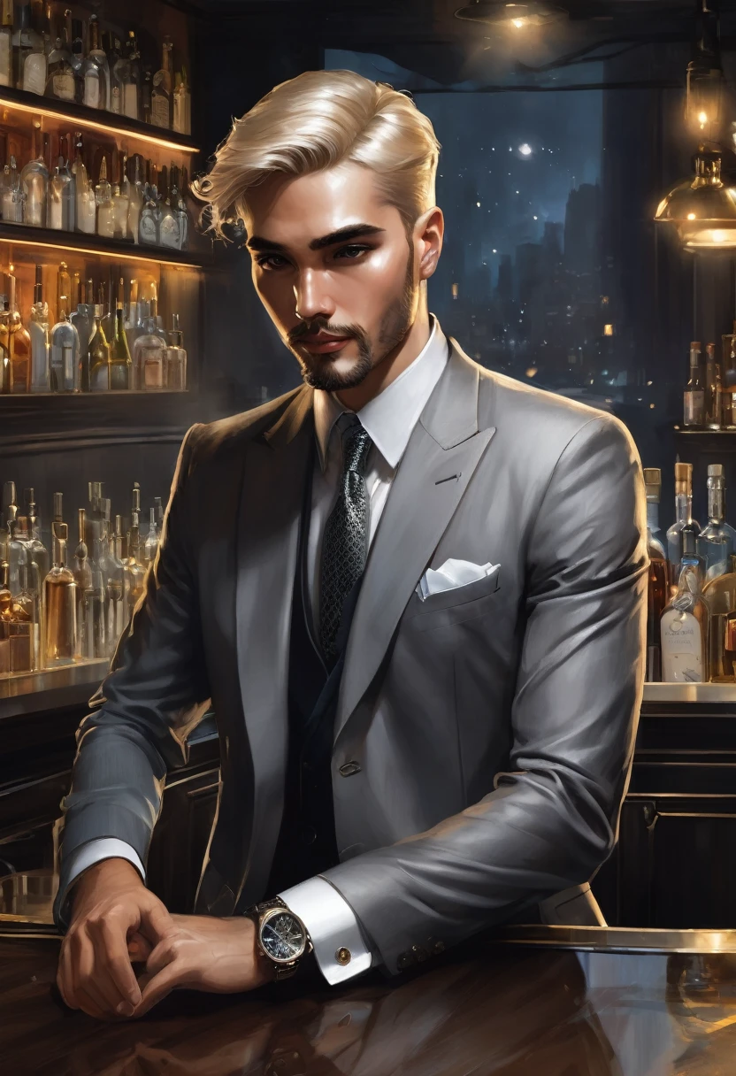 (good quality), (many details), (masterpiece), style of Charlie Bowater, man in a suit(gray) behind a counter in a bar, wearing a fedora and an expensive wristwatch, modern, at night, blond short hair, three-day beard, scar on the back of the hand,