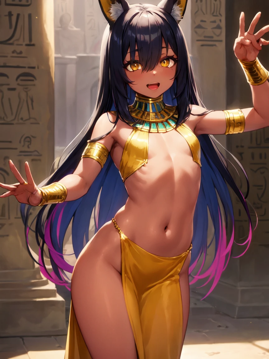 Score_9, score_8_up, score_7_up, 1femboy, tall,  adult, lipstick, black hime cut, brown skin, gold eyes, lipstick, slim, thick eyeliner, gold necklace, revealing clothes, skimpy clothes, nipple chain, makeup, gold glitter, bulge, puffy nipples, manboobs, Nyantcha Style, source_anime, rating_explicit 