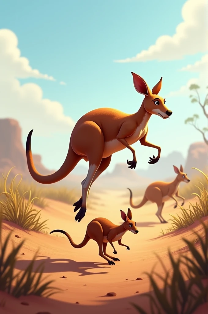 "Create an image of a kangaroo in its natural Australian outback habitat. The kangaroo should be mid-leap, showcasing its powerful hind legs and long tail used for balance. Surround the kangaroo with dry grasses and sparse shrubs typical of the Australian landscape. In the background, include a small group of kangaroos, or 'mob,' grazing on grass. The sky should be bright and clear, reflecting the typical sunny weather. If possible, show a joey peeking out from its mother’s pouch, highlighting the nurturing aspect of kangaroos."
