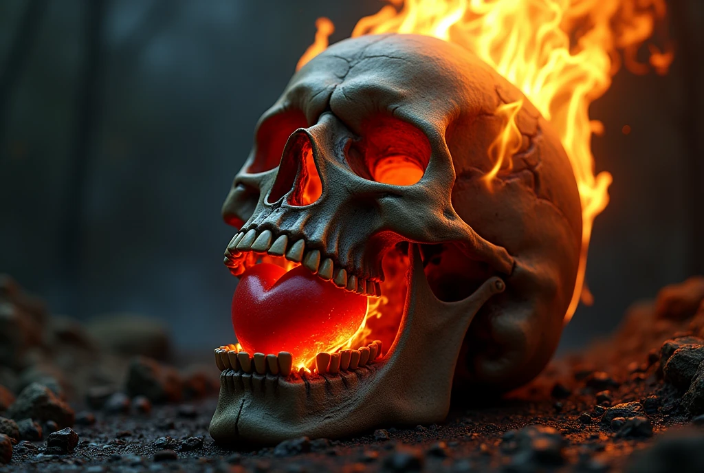 create an image of a burning skull, with a heart in my mouth, for my computer&#39;s background