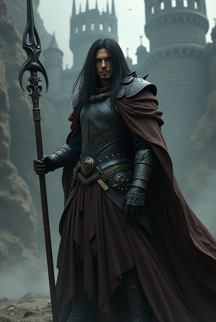 Generate a male who looks like Ronnie Radke. He has long black hair. He wears black and grey armor with a long brown cloak and hood. He holds a lance with a wide blade. Dark castle in background. Dark fantasy style. Realistic digital drawn image.