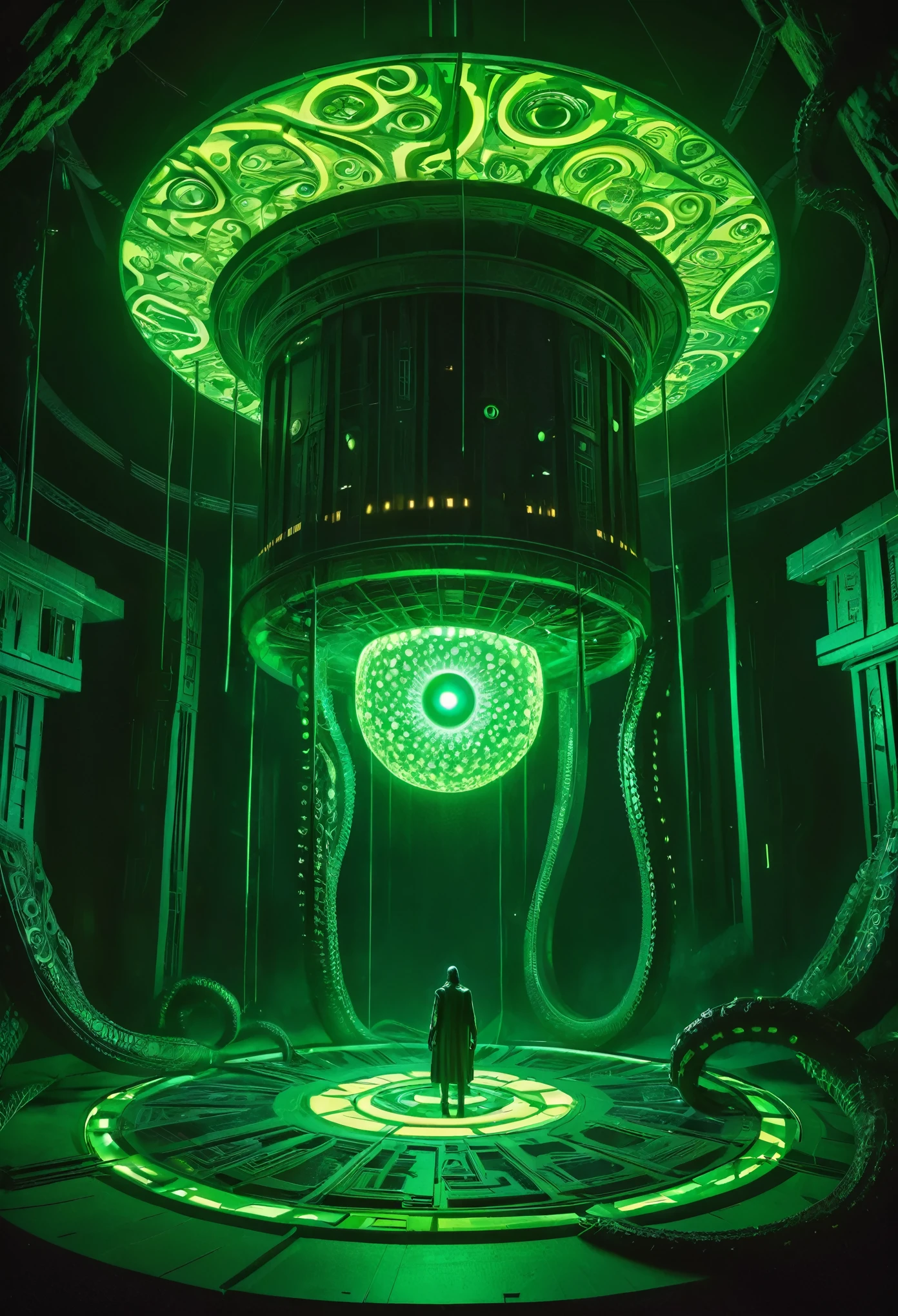 A gigantic floating cuboid structure with dark, twisting tentacles, radiating an intense green light from the circular patterns and eyes with illuminated symbols embedded in their faces. The scene has a dark and futuristic atmosphere., with a greenish-yellow lighting that envelops the entire space, full of geometric shapes and blocks suspended in the air. Two tiny, zombified figures appear to be wandering in front of this monstrous entity., highlighting its colossal scale. The atmosphere is oppressive and mysterious., as if the place were a prison or a temple of some cosmic deity. The style is a combination of science fiction and cosmic horror, with intricate details and a sense of alien grandeur.