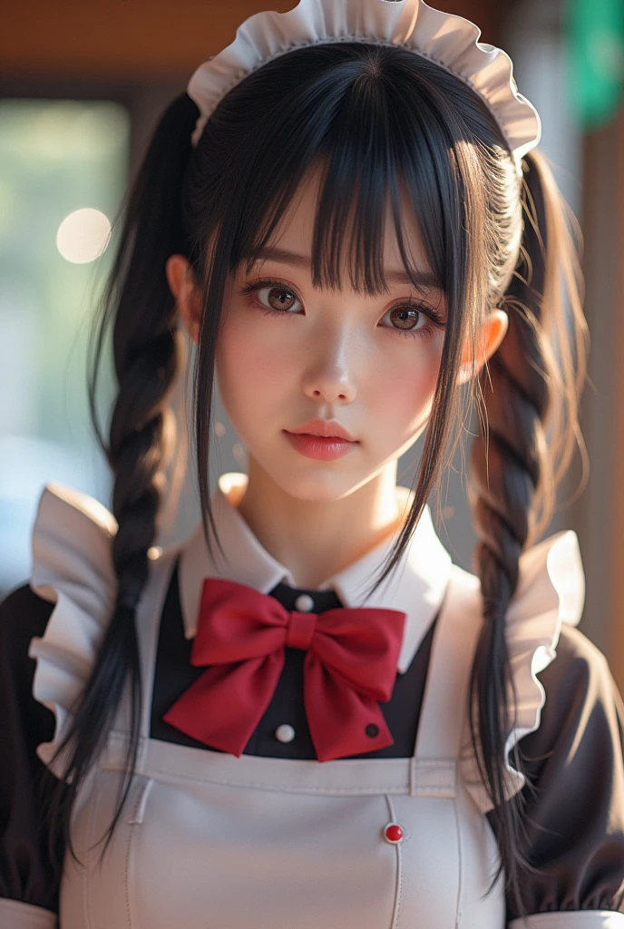 (masterpiece,Highest quality:1.4),(8k,RAW Photos,Photorealistic:1.2),Ultra-high resolution, ,(Glowing Skin:1.4),Detailed skin,Detailed face,Detailed eyes,(Beautiful and shining eyes:1.2),Symmetrical eyes,Detailed ears,One girl,Natural Makeup,(((Japanese Idols))),((Beautiful Japanese)),(Golden ratio face),Detailed Background,Beautiful and shiny hair,Twin tails)),,(((Cute Teen Maid))),((Average teenage breasts)),,Upper Body,(Detailed maid costume,teenager),,,Professional Lighting,,(Very detailed ,Cute uniform design,online shopping,LUMINE® Market,),,Cute Instagram Style,,Dynamic Angle,(Akihabara maid cafe details,Location was great.),Sakura District,
