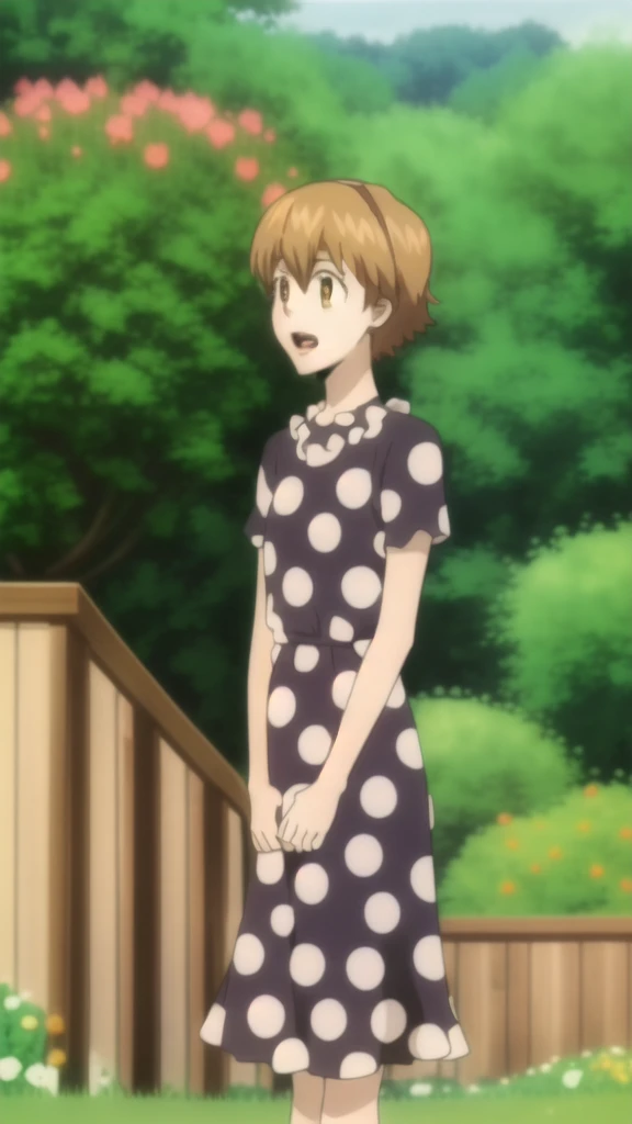 kyoko1, 1girl, short hair, brown hair, waring a polka dot dress, brown eyes, Masterpece, looking at the views, Masterpece, ((masterpiece: 1.2)), smling, open mouth, garden, outdoors, head band, standing,