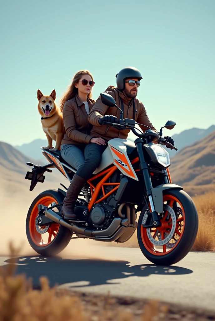 Biker couple with a tan dog in between on a horizontal KTM 1390