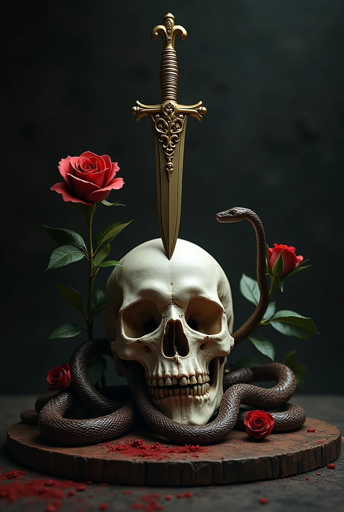 An image that works in one, a small and simple golden dagger, A snake, a skull. Let the dagger pierce the skull, May the snake surround them along with the rose