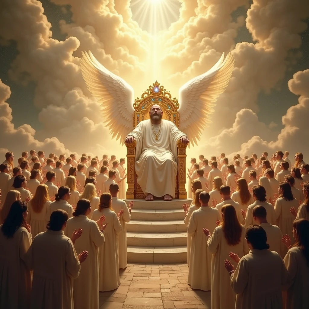 All kinds of angels worshiping God the creator sitting on his beautiful throne