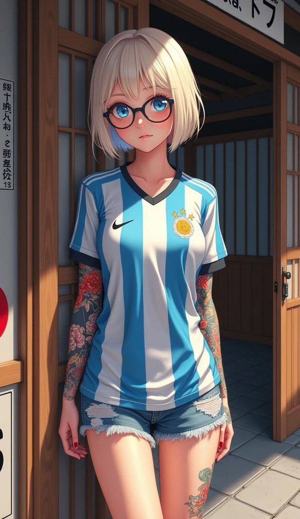 Create a hyper-realistic anime-style illustration of a young woman with an edgy, modern aesthetic against a traditional Japanese backdrop. The character should have short, platinum blonde hair in a bob cut, with wispy bangs framing her face. Her eyes should be a vivid blue, slightly obscured by round, oversized glasses. Dress her in an Argentina national football team jersey, blue and white striped, replacing the original demon-faced shirt. Pair this with frayed denim shorts. Adorn her right arm with a full sleeve of vibrant, traditional Japanese-style tattoos, featuring koi, cherry blossoms, and waves. Add a matching thigh tattoo on her left leg. Position her leaning casually against the entrance of a traditional Japanese building, with sliding wooden doors and a banner displaying kanji characters. Include details like a red circular sign and a street number plate. The lighting should be warm and natural, casting soft shadows and highlighting the textures of the wooden structure and stone pathway. Employ a soft, slightly diffused art style that balances photorealistic elements with anime aesthetics. Pay meticulous attention to details such as the fabric wrinkles in the jersey, the shine on her hair, and the intricate patterns in her tattoos. The overall composition should convey a striking contrast between modern youth culture and traditional Japanese architecture.
