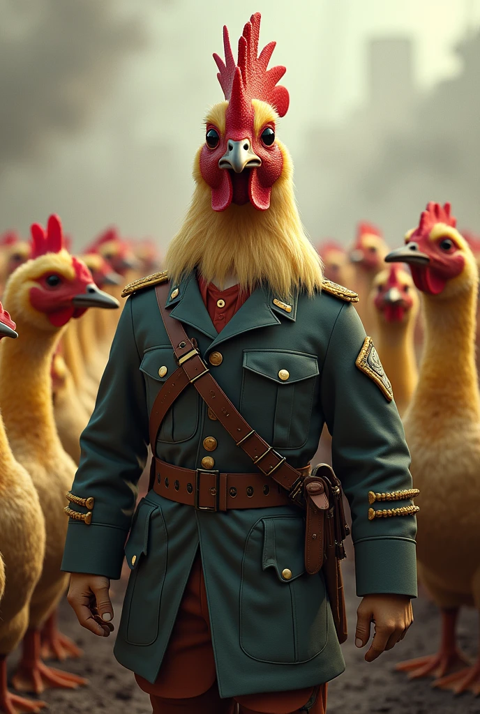 Chicken soldier in a crowd of duck soldier