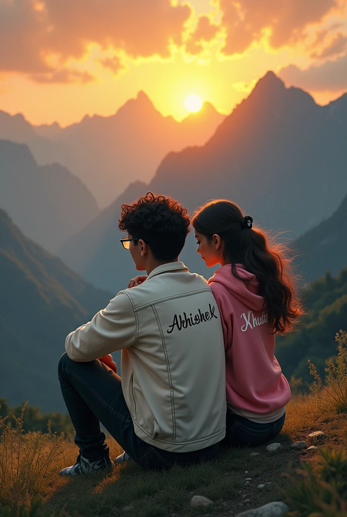 A handsome sad boy, and a beautiful sad girl sitting on the mountain hill, boy wearing white jacket, black jeans, Curley hair, wearing watch, and eyeglasses, girl wearing black jeans, pink hoodie, long silky hair, evening sunset, mountain hill in background, evening sunset, written 'Abhishek' in backside of boy jacket, and written 'khushi' in backside of girl hoodie.Alphonse Mucha